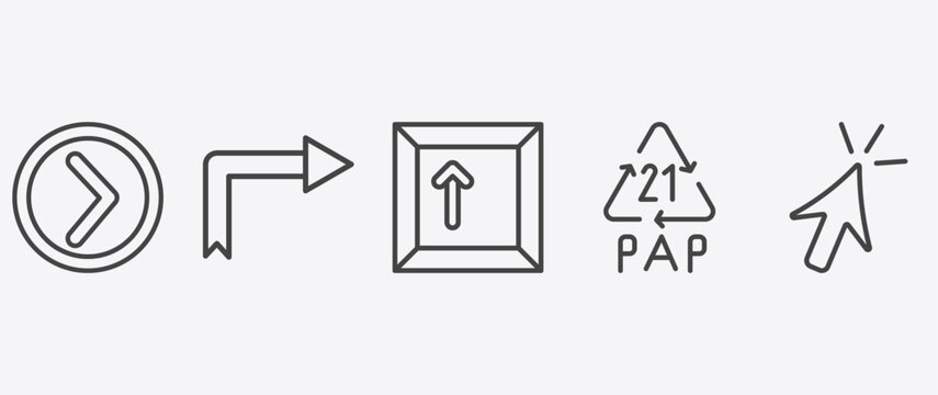 user interface icon set with right turn, key up, 21 pap, mouse clicker signs in flat outline style