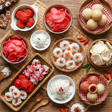 High Angle View of Indonesian Traditional Snacks Assortment with Jajanan Pasar and Kerupuk on Wooden Table