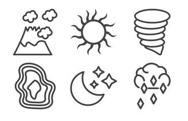 Fototapeta premium weather icon set with eruption, sunshine, isobars, ice pellets signs in flat outline style