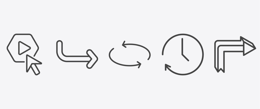 user interface icon set with curve right arrow, replay arrows, circular arrow clock, 3d turn right arrow signs in flat outline style