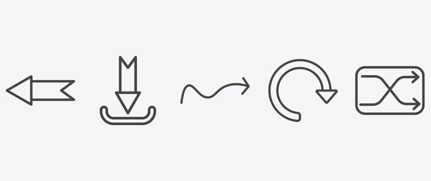 user interface icon set with curved downward arrow, sketched arrow, redo arrow, crossover signs in flat outline style