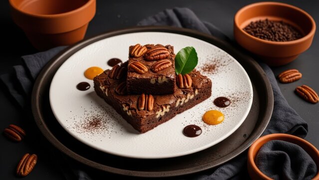 Delicious chocolate brownies topped with pecans on a plate, dark moody food photography