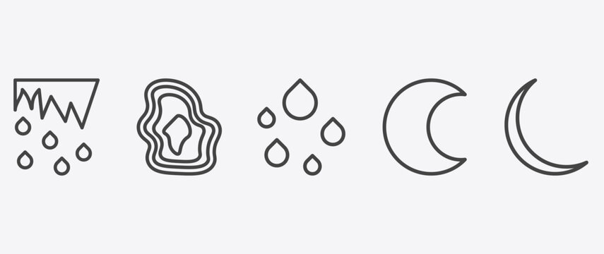 weather icon set with isobars, raindrops, waxing moon, new moon signs in flat outline style