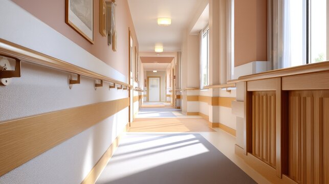 Bright and Inviting Hospital Corridor with Natural Light and Modern Design Features