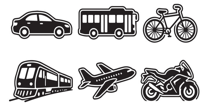 Collection of transportation icons including car, bus, bicycle, train, airplane, and motorcycle