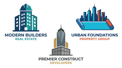 A striking collection of three modern real estate logos featuring distinct designs, showcasing properties and urban foundations that symbolize industry professionalism. © Xiaoling