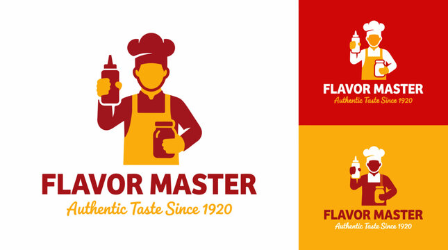 The logo of Flavor Master features a chef holding sauces and preserving jars, illustrating a long history of culinary expertise, symbolizing tradition and quality in food.
