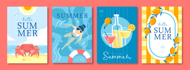 Naklejka premium Set of summer Italian posters or covers with lemonade, lemons, cocktails, crab, swimming woman and striped tablecloth. Vector illustration