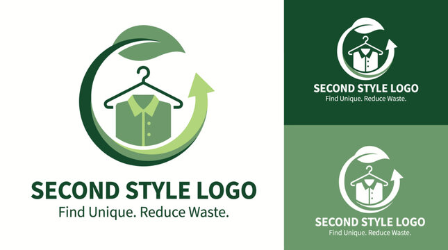 The logo conveys an eco-friendly clothing brand, featuring a green circular design with a hanger, symbolizing sustainability, fashion, and reducing waste in a stylish way.