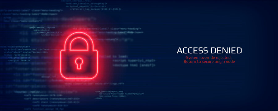 Access denied warning. Digital security breach and data protection concept. Hacked system or cyber attack. Danger sign on the screen. Vector illustration.