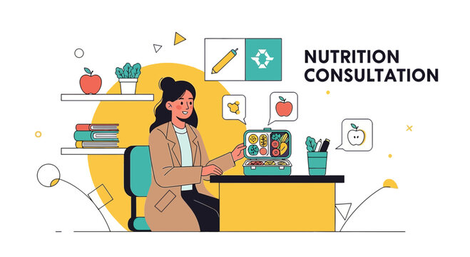 Nutritionist consulting patient online, healthy eating advice, meal prep, diet plan