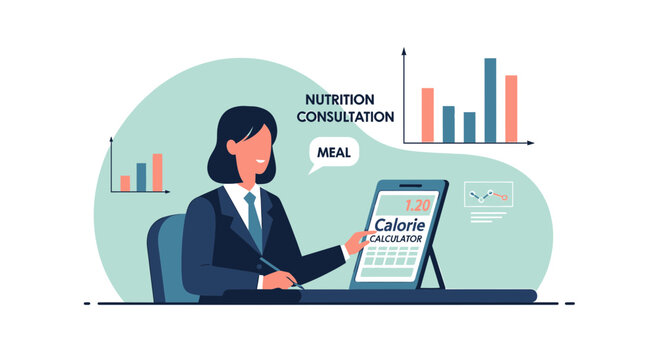 Nutritionist Consulting Patient on Meal Plan with Calorie Calculator and Charts