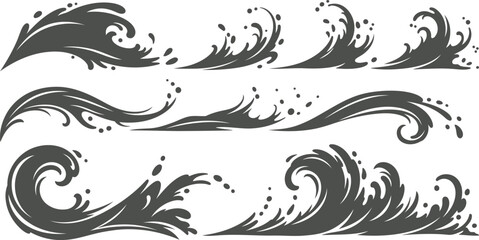 Fototapeta premium Set of dynamic water waves and liquid splash elements isolated on white background for marine design projects