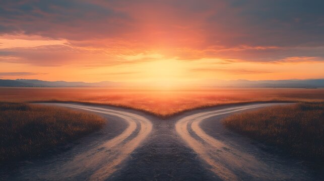 Conceptual background: Dirt road splitting in two in a grassy field at sunrise