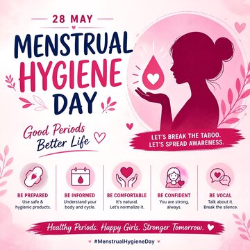 Menstrual hygiene day awareness poster with girl silhouette, menstruation