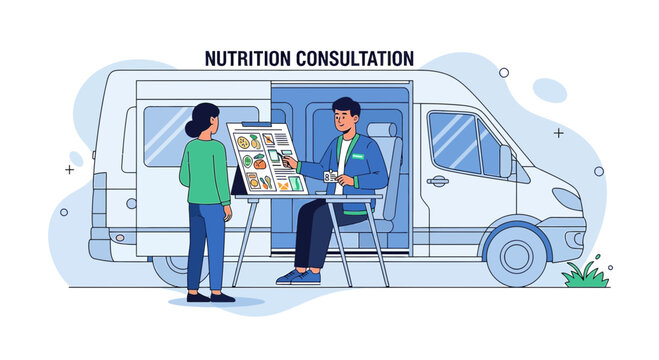 Nutrition Consultation in Mobile Van: Dietitian Advises Woman on Healthy Eating