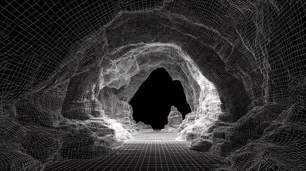 Naklejka premium Abstract wireframe 3d rendering of a mysterious dark cave tunnel entrance.