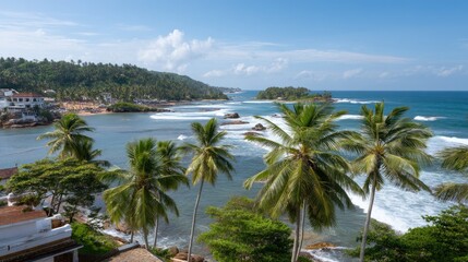 Fototapeta premium Serene Coastal View with Palm Trees and Turquoise Ocean Waves under Bright Blue Sky