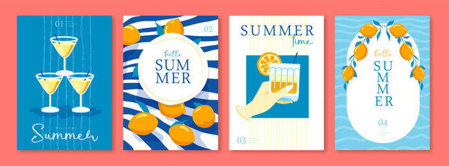 Naklejka premium Set of summer Italian posters or covers with lemonade, lemons, hand with cocktail and striped tablecloth. Vector illustration