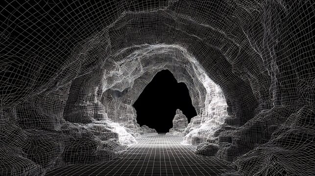 Abstract wireframe 3d rendering of a mysterious dark cave tunnel entrance.