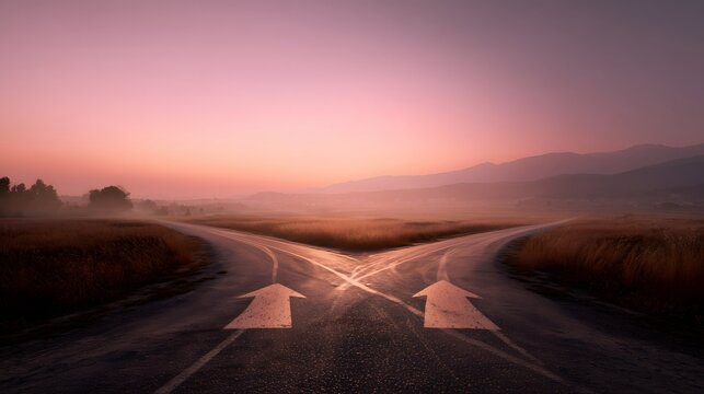 Conceptual background: Paved road splitting in two with arrows under a pink sky