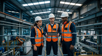 Fototapeta premium Diverse team of industrial engineers using a tablet in a modern manufacturing plant. Factory workers in safety gear discussing production on an elevated walkway. Teamwork and technology concept
