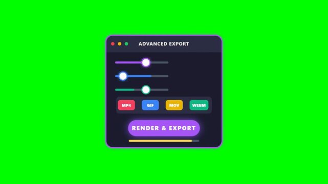 Progress animation of digital export interface with dynamic controls on green screen