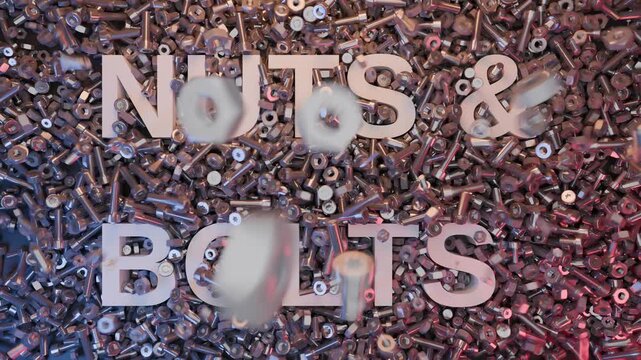 3D animation of nuts and bolts falling from above and covering the floor and text. 