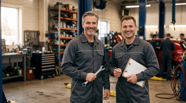 Smiling male mechanics holding a wrench and clipboard in an auto repair shop. Professional automotive technicians in grey uniforms standing in a garage. Teamwork and car maintenance service concept