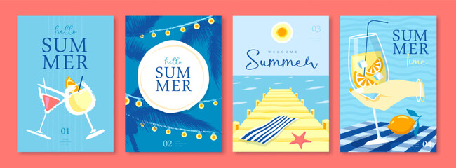 Naklejka premium Set of summer Italian posters or covers with lemonade, lemons, string of lights, cocktail, palm trees and beach landscape. Vector illustration