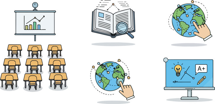 Education Elements Showing Graph Book Globe and a Plus Grade