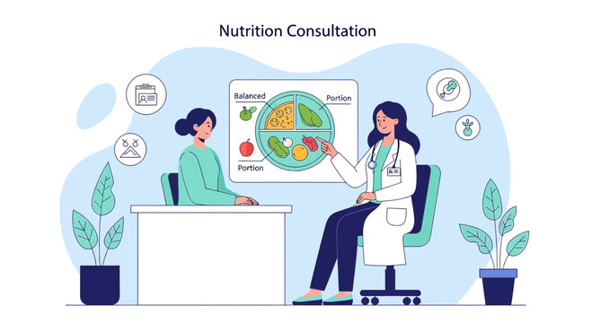 Nutrition Consultation: Dietitian Advising Patient on Healthy Eating and Balanced Diet