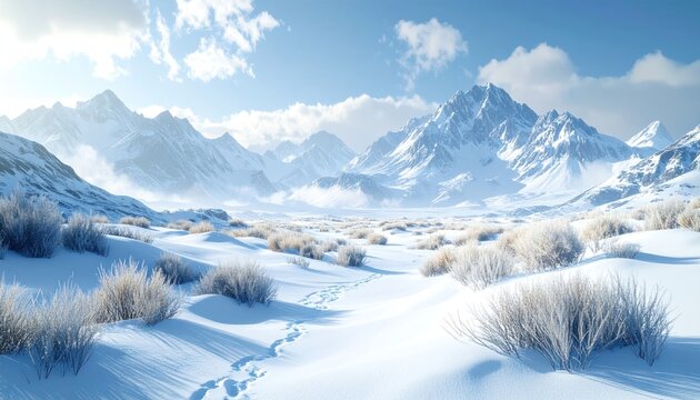 Snowy mountainscape with low vegetation, footprints, and a bright blue sky