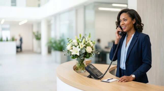 Profile portrait of receptionist answering call with poise