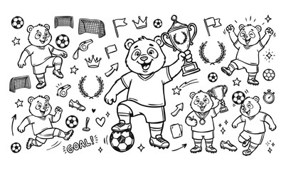 Vector doodle set of panda soccer player mascots with football equipment and trophy icons. Hand-drawn black and white line art collection of cartoon characters and sports elements. © Avartde