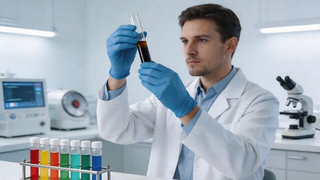 Scientist examining test tube in lab