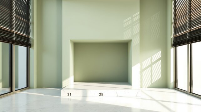Empty room features large windows, light walls, recessed niche. Minimalist design emphasizes spaciousness, clean lines, neutral palette. Sunlight creates shadows.