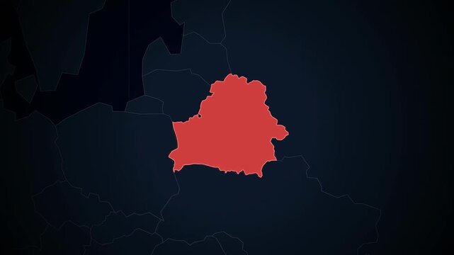 Highlighted belarus transition on world map in dynamic zoom sequence