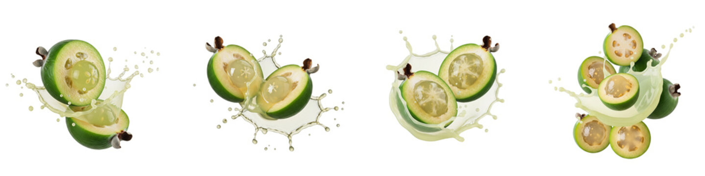 Fresh feijoa fruits splashing in milk isolated on black background