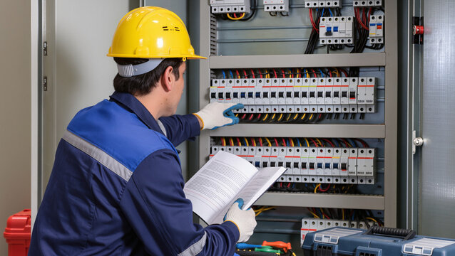 electrician at work,
Electrician referencing manual during work.
Technician pointing at circuit breakers.
Worker wearing yellow safety hardhat.
Professional blue uniform with reflective strip