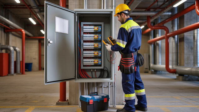 Electrician measuring voltage with digital tools.
​Worker wearing yellow safety hardhat.
​Blue toolbox sits on concrete floor.
​Professional technician wearing functional toolbelt.