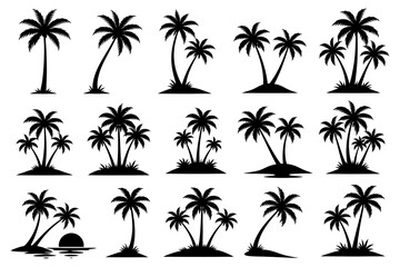 Fototapeta premium Set of silhouetted palm tree illustrations against white background.