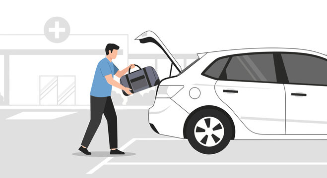 Man loading luggage into car outside hospital, patient discharge and travel concept