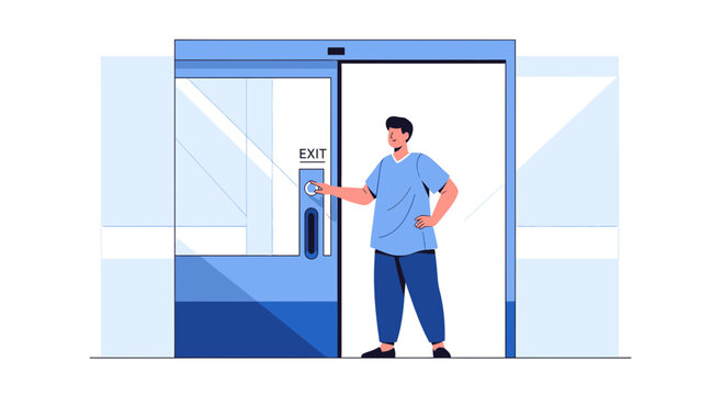 Man pressing exit button on automatic sliding door at hospital or clinic entrance