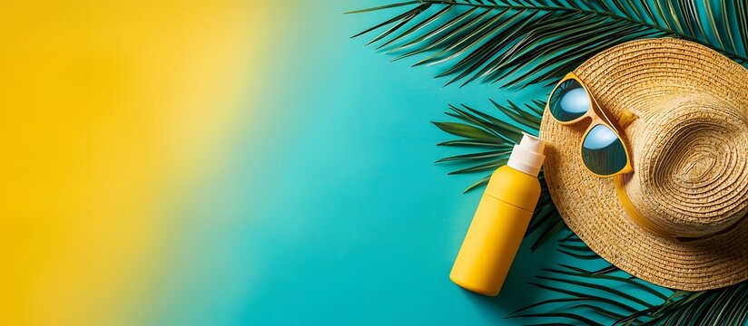 Summer vacation set: hat, sunglasses, and sunscreen bottle on an orange background with copy space.Composition with beach sand molds, sunscreen bottle, hat, and sunglasses on an orange background.