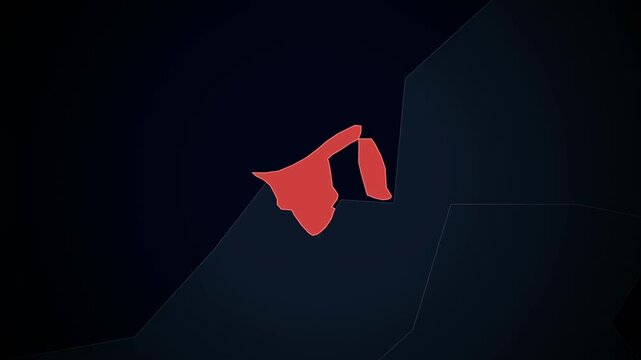  Zooming digital map of Brunei highlighted in red on dark background