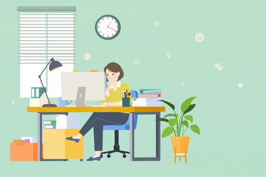 Businesswoman Thinking While Looking at Monitor in Office Workspace Illustration