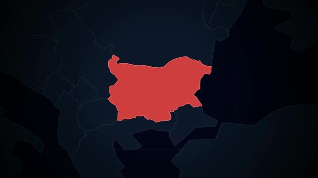 Zooming digital map of Bulgaria highlighted in red on dark background
