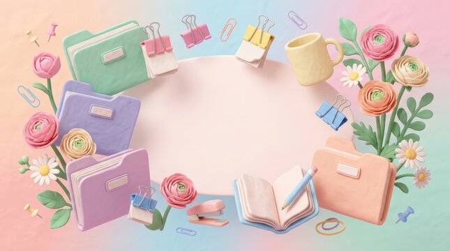 Soft clay floating office supplies folders with flowers and stationery