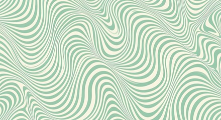 Abstract wavy retro background pattern with flowing mint green and cream optical curves